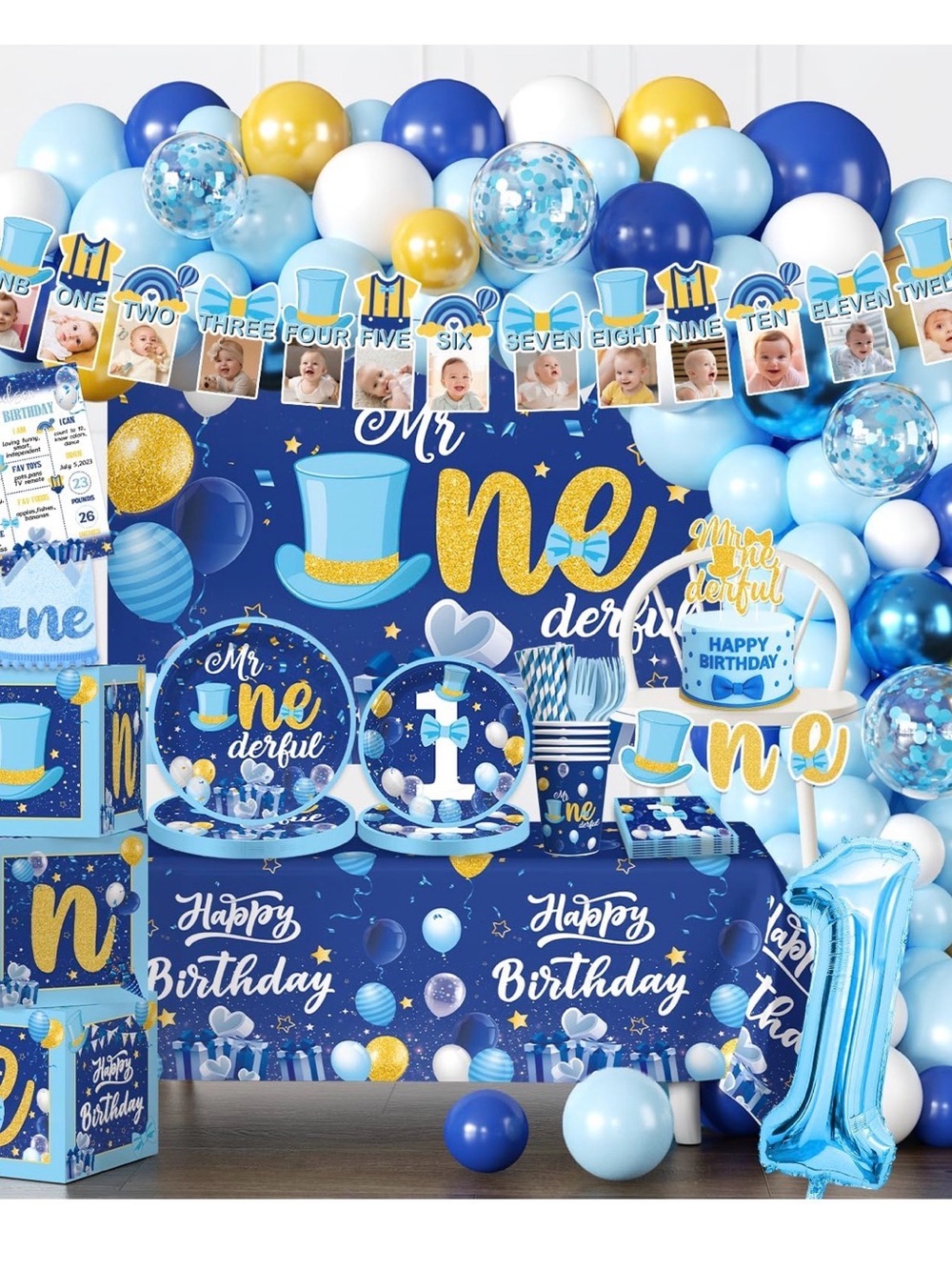Amazon Blue and Gold "Mr One-derful" First Birthday Party Decorations